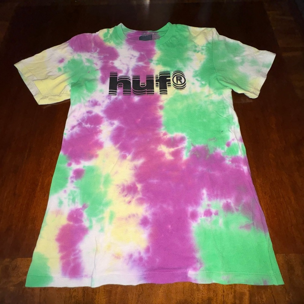 HUF Tie Dye Logo Skate Tee Purple Green Streetwear Shirt Small